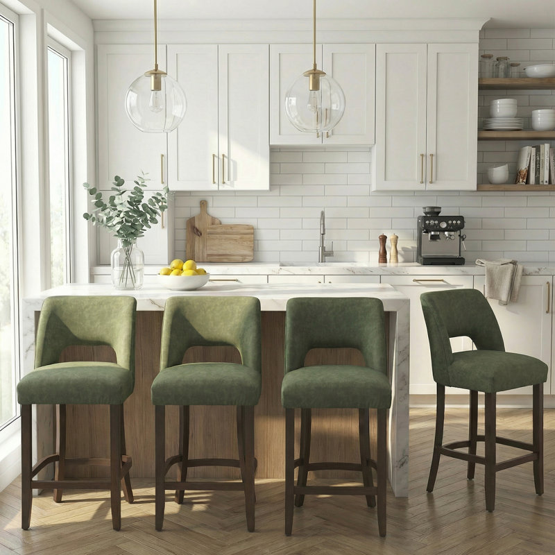  Bisto Faux Leather Upholstered Counter Height Bar Stool With Solid Wood Legs Set of 4, 4, Green