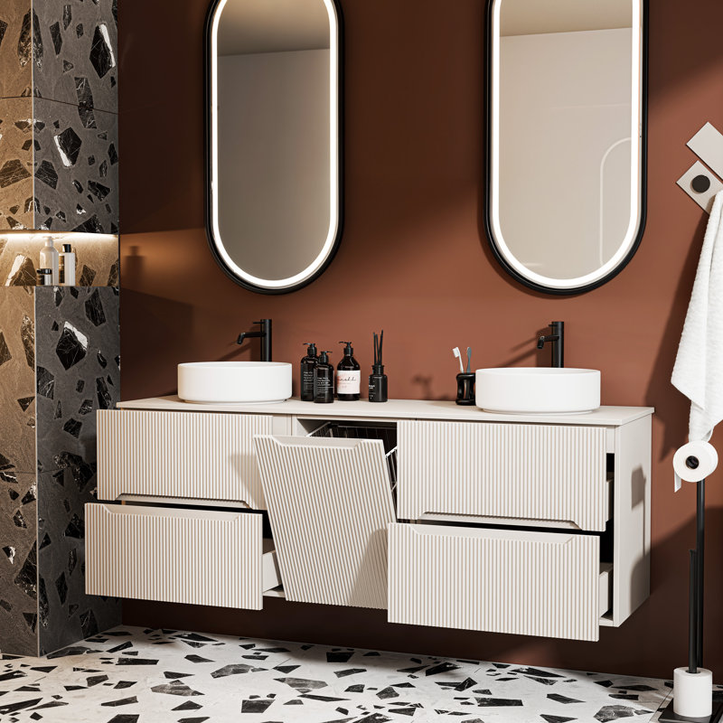 PERLA 160 cm Double Bathroom Cabinet with Countertop and Laundry Basket, , Cashmere