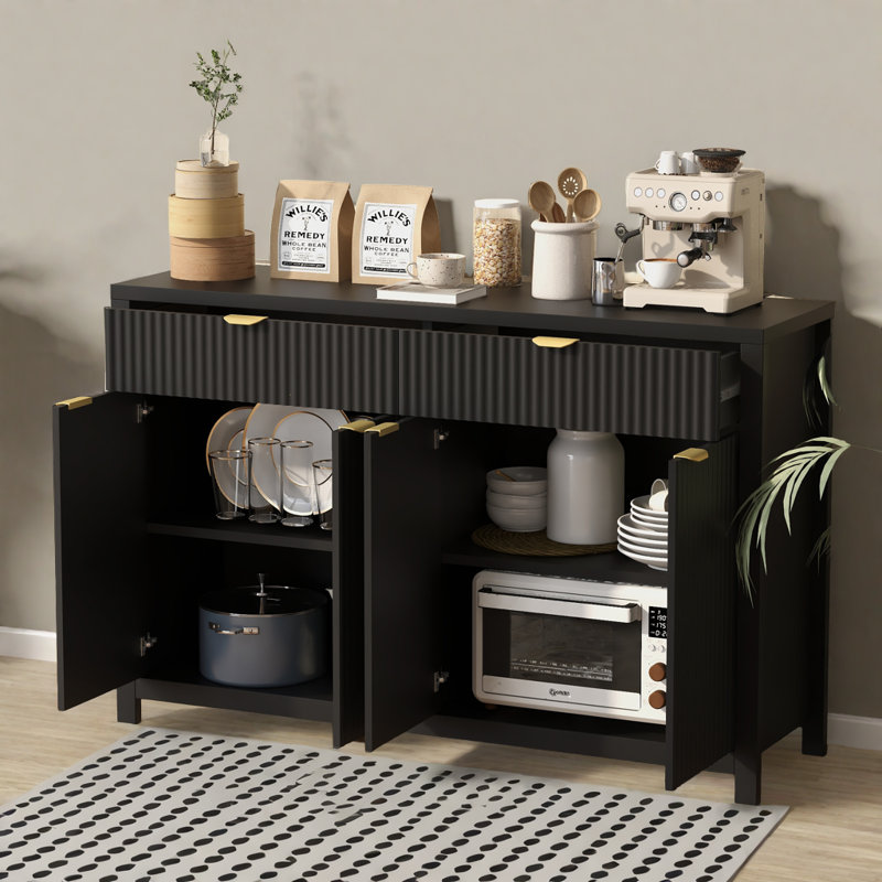 Lateasa Fluted Sideboard with Drawers, Doors & Adjustable Shelves, Black