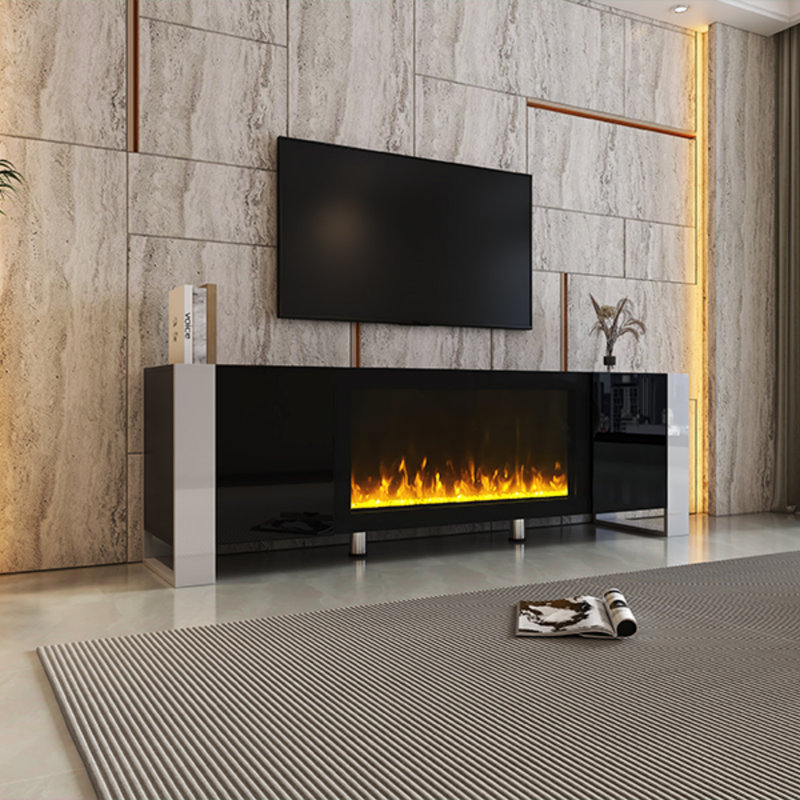 Wood Top TV Stand  With  Electric Fireplace ,2 Cabinets, Black