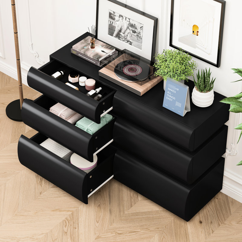 Commode moderne à 6 tiroirs pour la chambre à coucher - Commode noire avec beaucoup d'espace et de rangement multifonctionnel