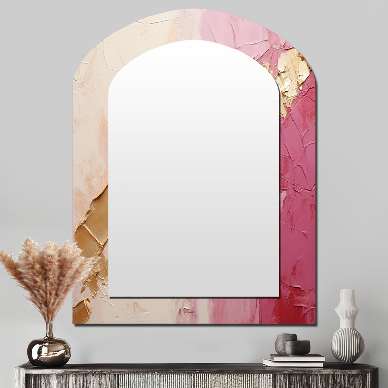 «Pink Gold Minimalisme Poteries I», miroir mural décoratif asymétrique à spirales abstraites, grand miroir en arche rose, impression sur métal