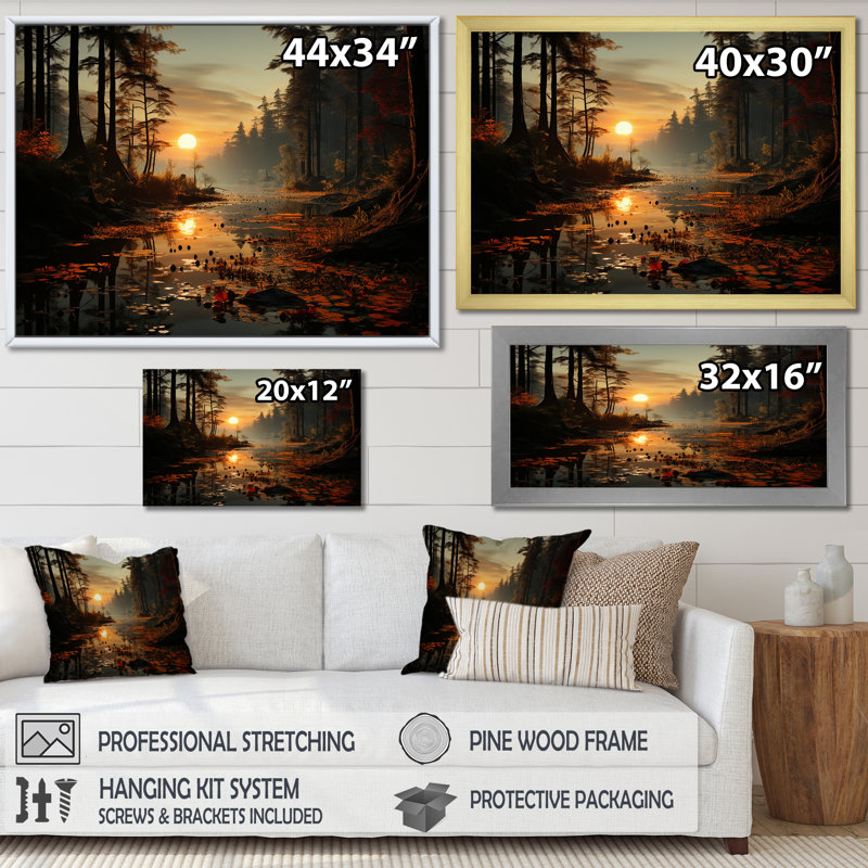 Mystic Vistas Autumn Forest - Art mural forêt, H 24 po x l 32 po x P 1 po, Cadre flottant doré