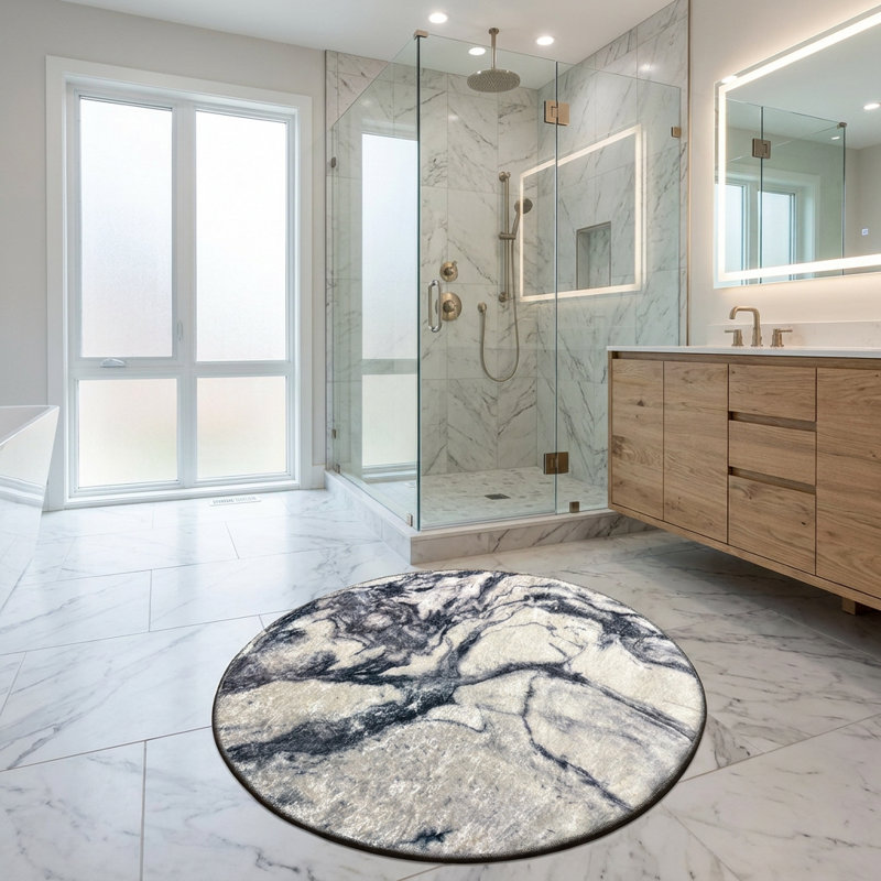 Dramatic Marble Vein Round Bath Rug