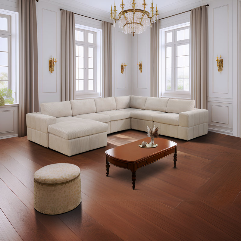 Canapé modulaire rembourré en velours côtelé de 130 po avec repose-pieds Loyde, Velours côtelé beige