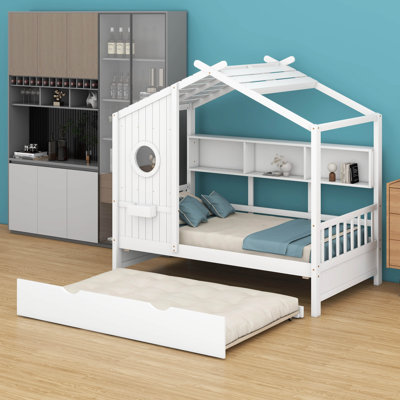 Lit de maison en bois - Lit gigogne inclus, style moderne pour enfants avec tablette de rangement