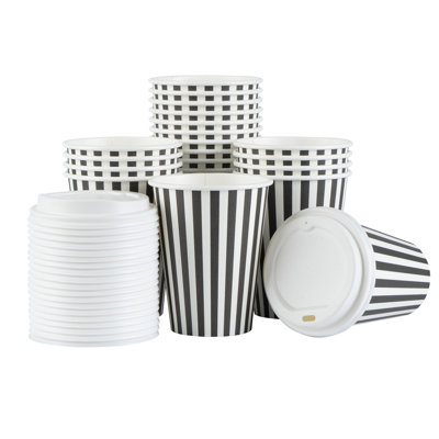 Restaurantware-12 Ounce Disposable Coffee Cups With Lids, 20 Hot Cups With Lids - Sleeves Sold Separately, Single Wall, Black And White Stripe Paper Coffee Cup, For All Kinds Of Beverages