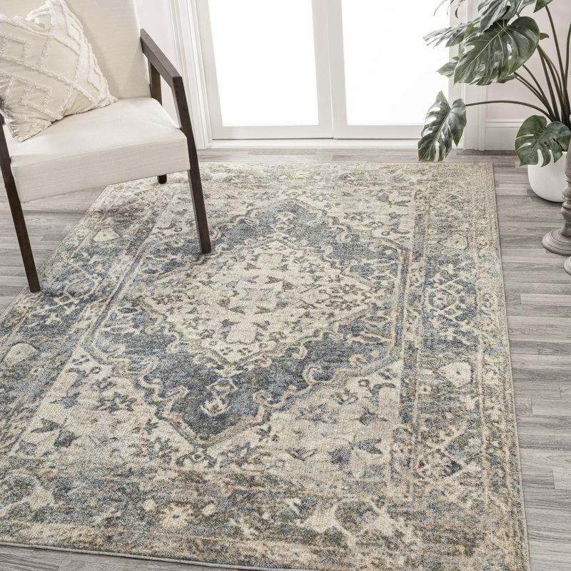 Pavel Distressed Medallion Low-Pile Machine-Washable Blue/Cream Rug, Rectangle 2'11" x 5'