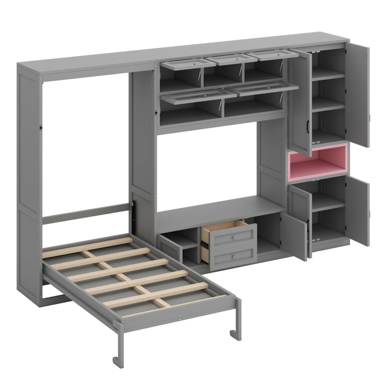 Lit escamotable en bois avec meuble télé, 2 tiroirs, tablettes et armoires, Gris