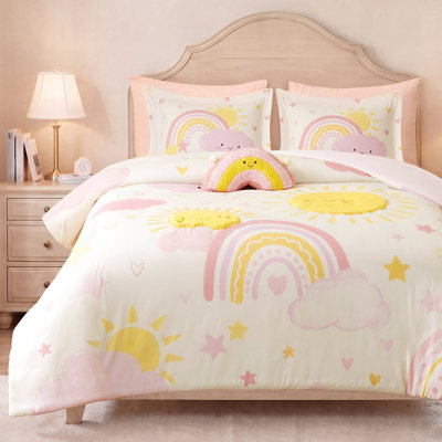 Ensemble de literie rose pour lit double/queen, ensemble de couette arc-en-ciel en microfibre pour enfants