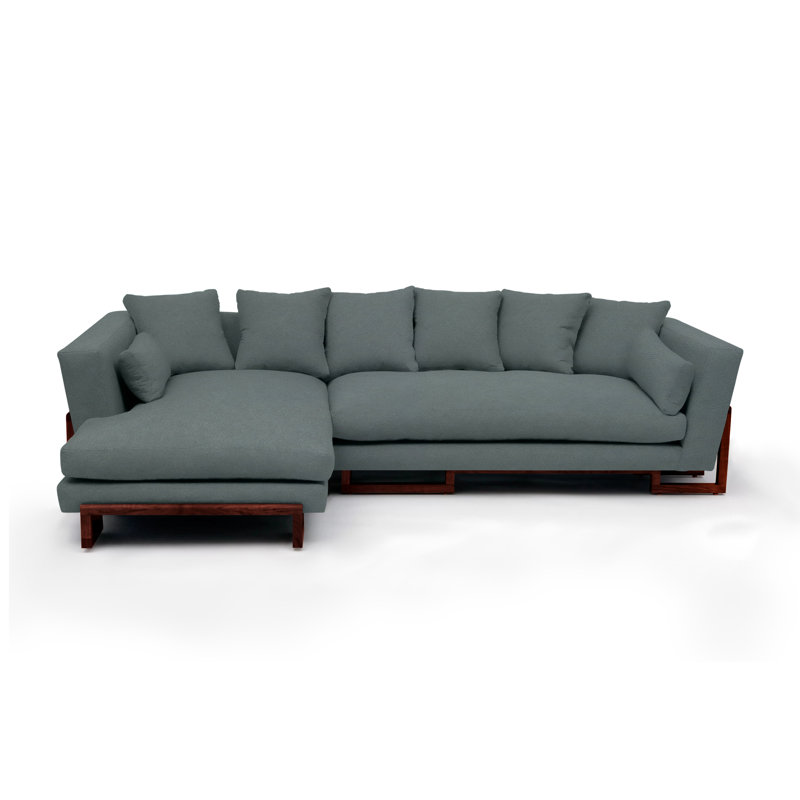 LRG Upholstered L-Shaped Sectional Left Hand Facing, Back Side Tray, Solid Walnut, Mineral Velvet