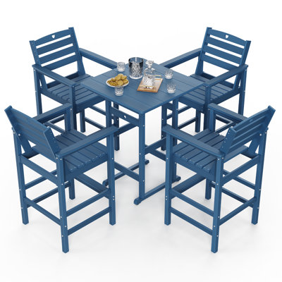 5-Piece Bar Height Outdoor Table and Chairs Set HDPE Wood Grain Patio Bar Table and Chairs with Heart Cutout Design