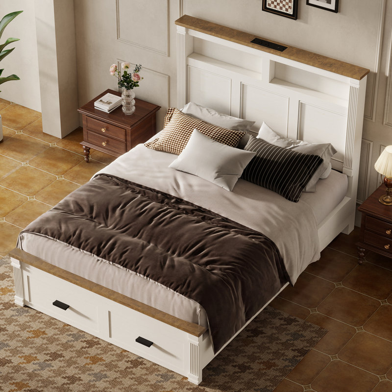  Farmhouse Queen Size Wood Platform Bed, Storage Headboard and Footboard Bed with Roman Column Accents, White/Brown, Queen