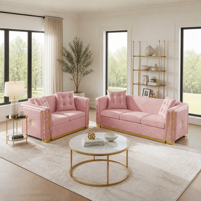 Ensemble de canapés en velours italien de luxe 2 pièces 82,3 pouces et 60,6 pouces Canapé 3 places et causeuse 4 coussins de siège épais Coussins de siège larges Accoudoirs larges élégants décoratifs en métal doré pour salon gris
