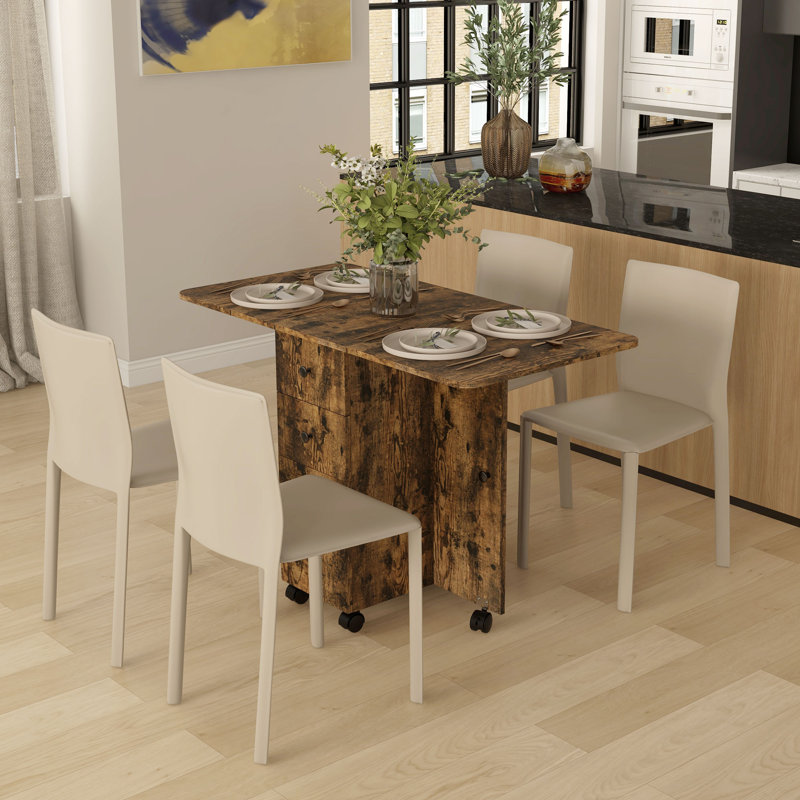Table de salle à manger pliable, table de cuisine roulante avec tiroirs, armoire, Brun rustique