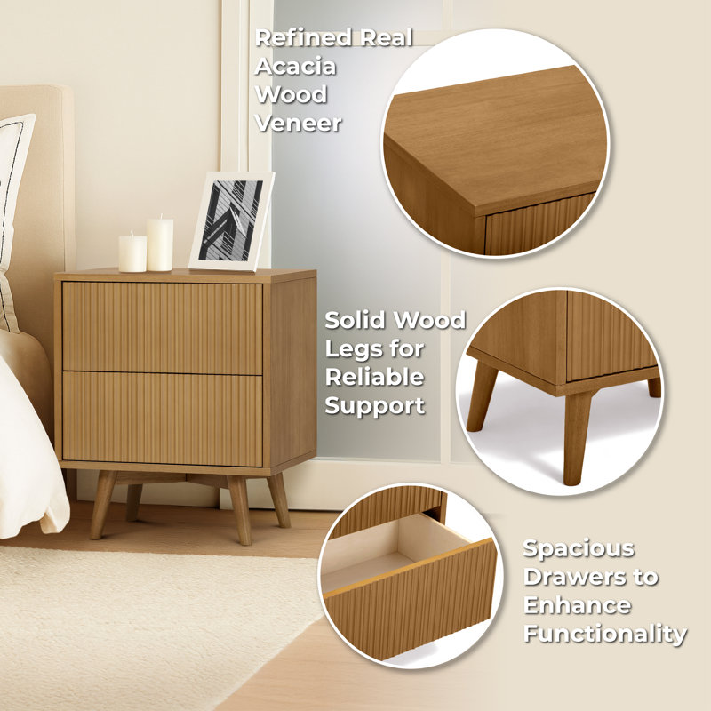 Tremolo Modern 2-Drawer Nightstand with Push-Open Fluted Fronts & Deep Bedside Storage for Bedroom, Natural