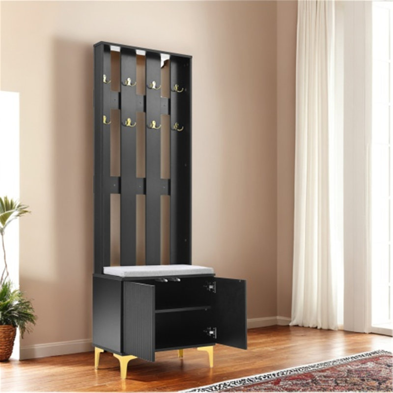 Arbre d'entrée polyvalent 4-en-1 avec coussin et plusieurs options de rangement, Noir, noir, noir, noir