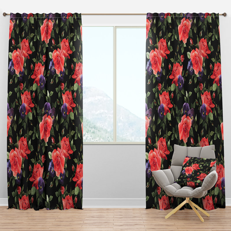 Motif de fleurs roses Pansy - Rideau en velours Farmhouse - obscurcissant - 1 panneau, l 52 po x L 108 po