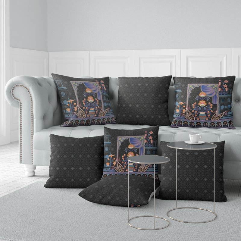 Housse et insert de coussin intérieur / extérieur en polyester Mughal Paradise, Noir, 16 po x 16 po