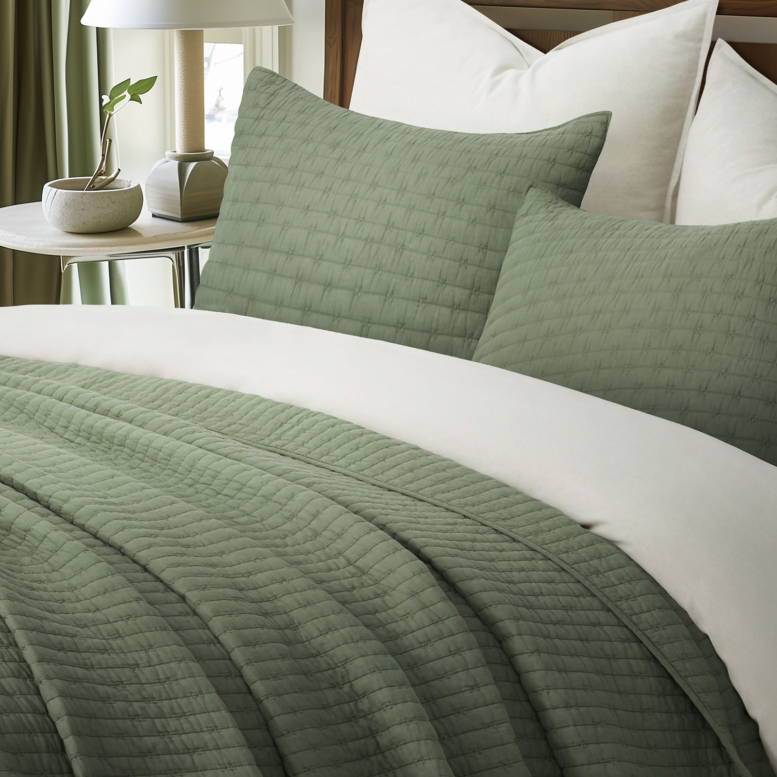 Cotton Quilt Set, King + 2 Shams, Olive Green