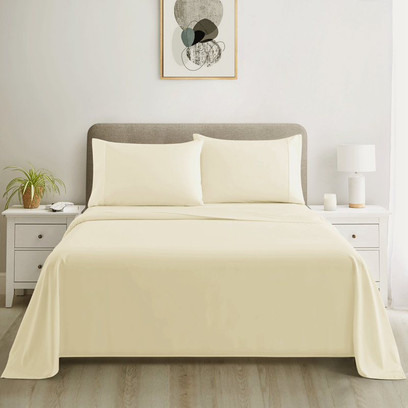 Ensemble de draps en coton 4 pièces avec taies d'oreiller en coton ivoire 4 pièces avec passe-tringle, Ivoire