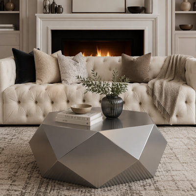 Modern Stainless Steel Coffee Table with Hexagonal Diamond Design and No Assembly