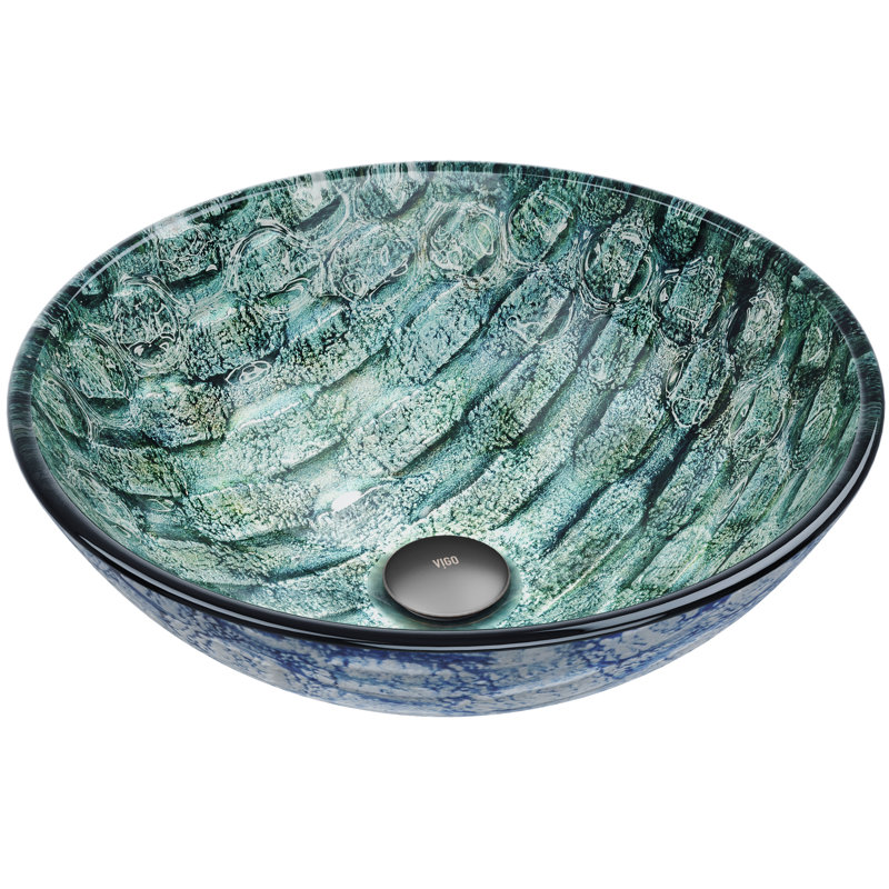 Giovanni Russet Glass 17" L 17" W 6" H Round Vessel Bathroom Sink, Patterened Teal
