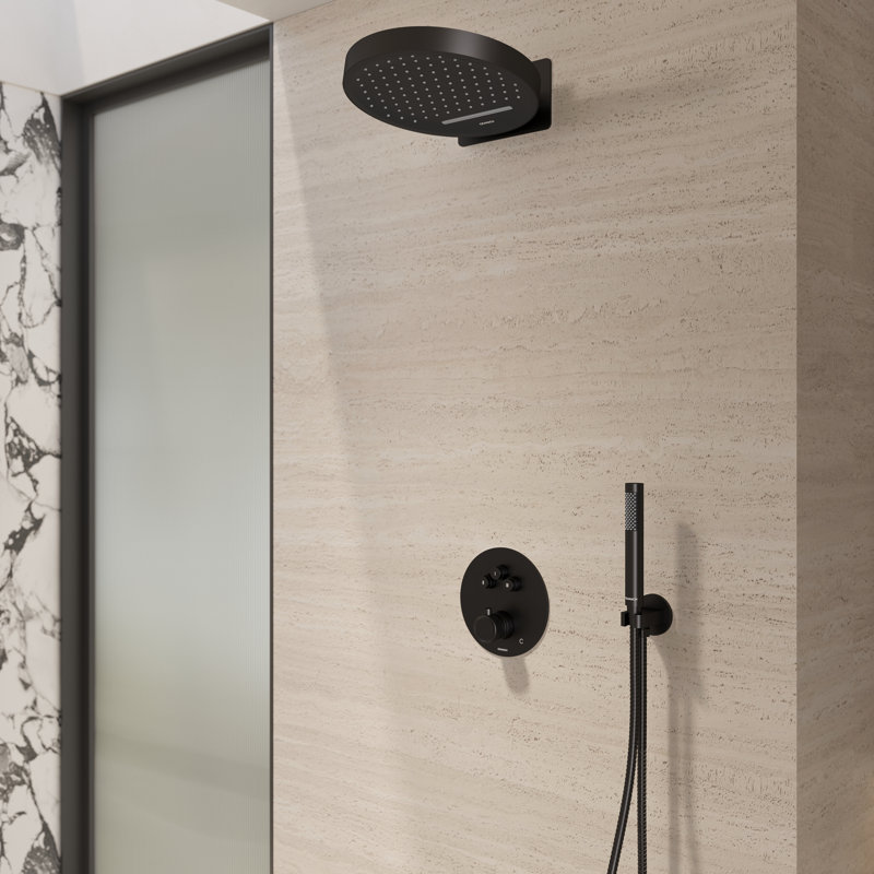 Rhum Thermostatic Shower System with 2-function Wall Mount Shower Head (Rainfall + Waterfall) , Hand Shower and Push-Button Valve