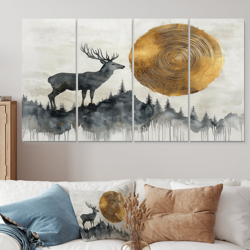Or doré paysage Grace In The Wild II - cerf, décoration murale - art mural moderne, H 32 po x l 64 po