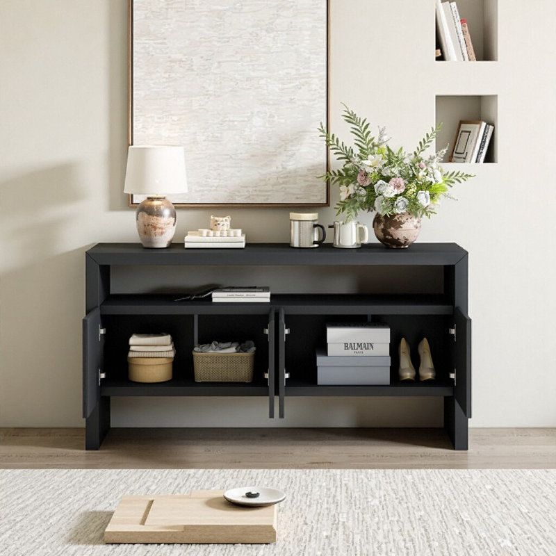 Buffet en placage de bois massif 60 pouces avec tablette ouverte Modern Minimalist - grande capacité de rangement pour le salon, le couloir et la salle à manger