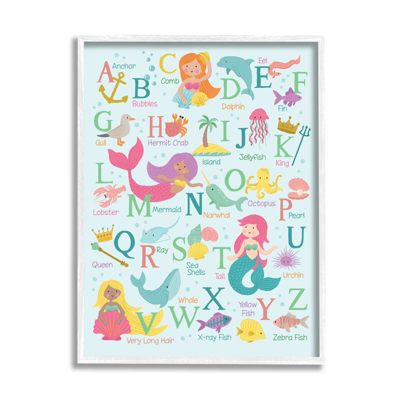 Kid's Mermaid Alphabet Beach Fantasy ABC par - Art textuel, Giclée encadrée blanc bord de mer, H 20 po x l 16 po x P 2 po