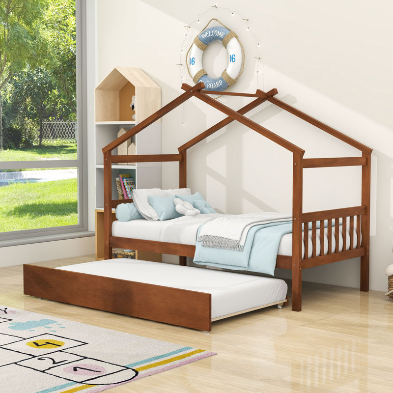 Lit en bois avec lit gigogne escamotable, Noyer , Simple