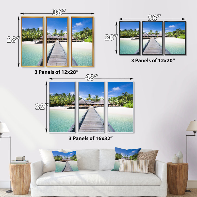 Plage avec cocotiers - ensemble d'art mural sur toile encadré paysage, H 20 po x l 36 po, Érable