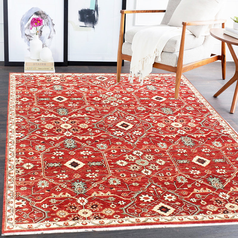 Tapis de luxe en laine fait à la main | Tapis oriental authentique | Motif de treillis persan rouge audacieux | Tapis traditionnel rouge d'inspiration Heriz