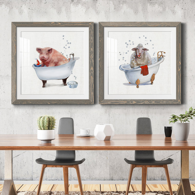 Farm Tub Pig - ensemble de 2 peintures, H 40 po x l 80 po x P 1 po, Toile tendue