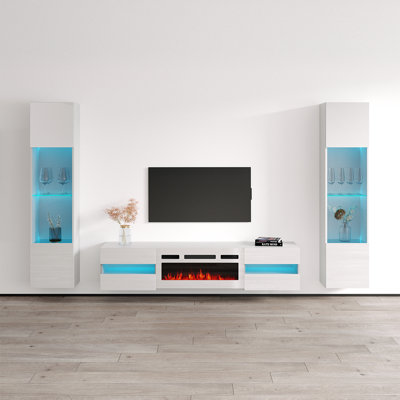 Briag 103.6" Modern Entertainment Center with Electric Fireplace, High Gloss Finish, Wall-Mounted