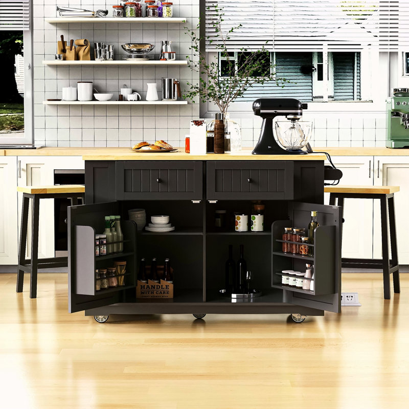 48 Inch Large Kitchen Island With Drop Leaf,Power Outlet,Internal Storage Rack,Rolling Kitchen Storage Cart On 5 Wheels With 5 Open Side Racks For Kitchen,Dining Room