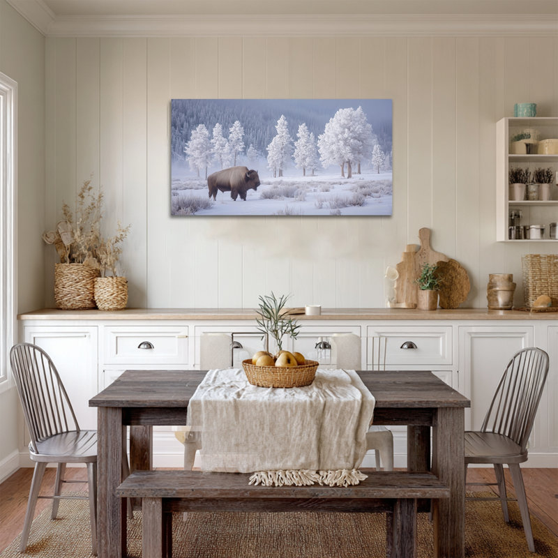 Grand paysage d'hiver, art mural sur toile Bison enneigé, forêt, scène d'hiver, impressions sur toile, décoration murale de Noël, art mural paysage naturel moderne pour le salon, la chambre à coucher, prêt à être accroché 32 po x 48 po