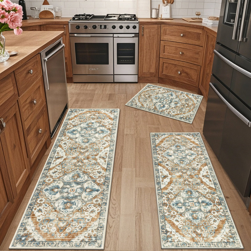 Machine Washable Non-Slip Kitchen Mat, Blue/Orange