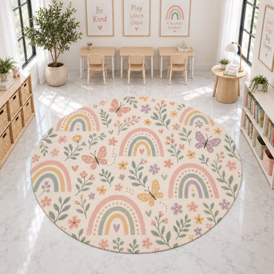 "Ultra Thin" 6' x 6' Rainbow Butterfly Floral Round Area Rug, Soft Low Pile Indoor Rug and Non-Slip Silicone Backing Carpet for Nursery, Kids Room, Bedroom and Playroom