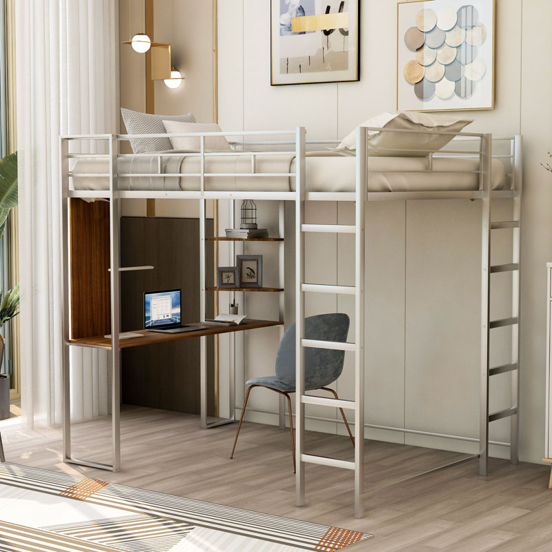 Full Size Metal Loft Bed with 2 Shelves and one Desk, Silver