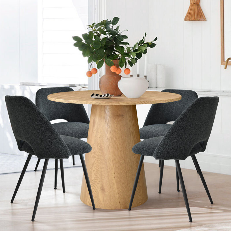 Caetano 4-Person Solid and Pedestal Dining Set, Dark Gray, Natural