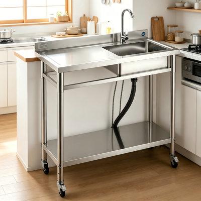 Extra-Thick Stainless Steel Multi-Functional Mobile Sink — Complete With Faucet And Hot/Cold Water Hoses — Integrated Commercial & Residential Food Prep Workstation