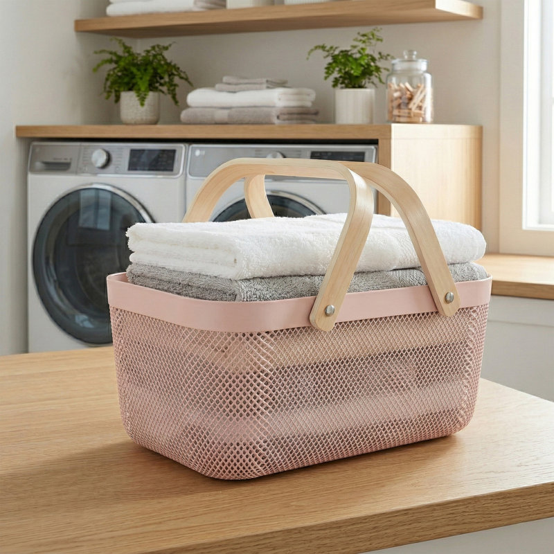 Large Mesh Plastic Storage Basket with Wooden Handle Blush Colour, Pink