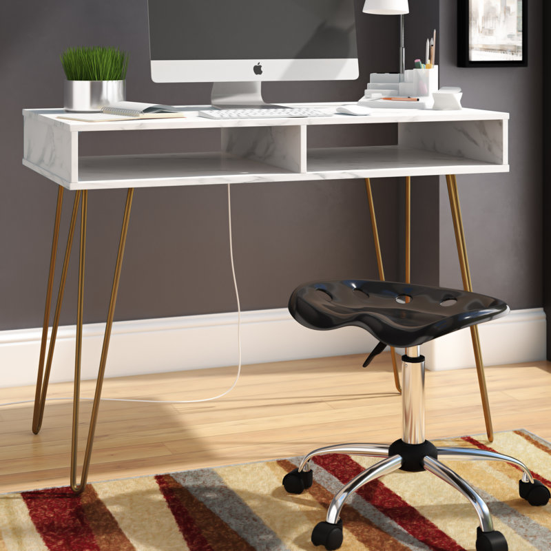 Emily Metal Base Writing Desk, White Marble/Gold