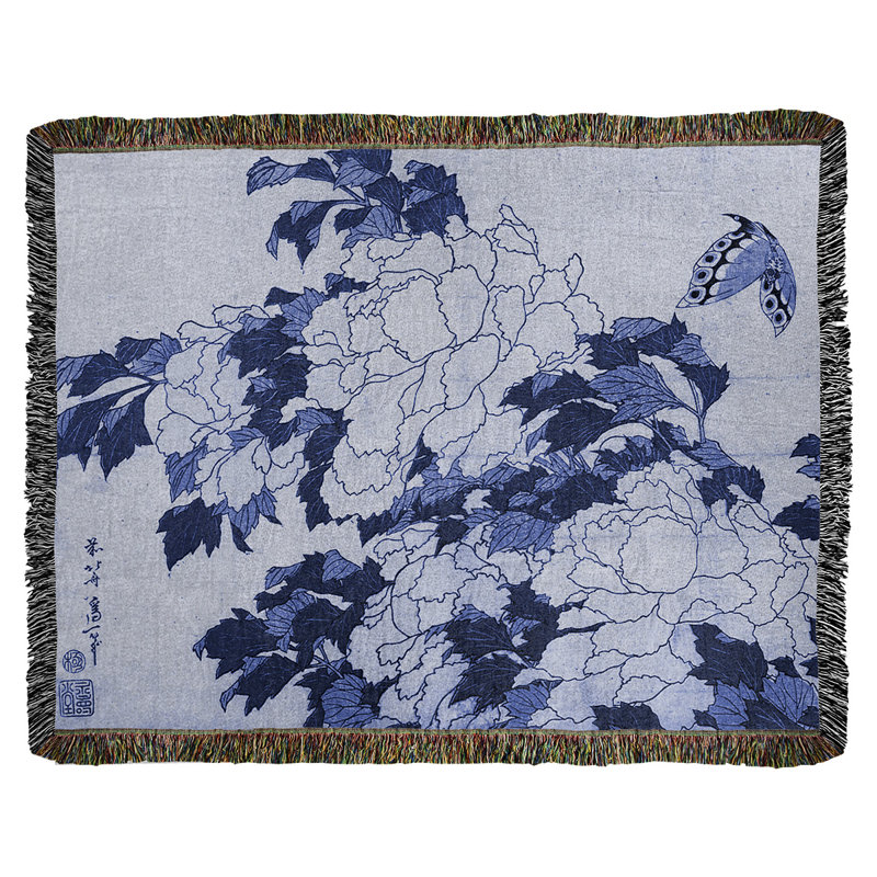 Jeté en coton à pivoines et papillons, Noir/rouge/gris