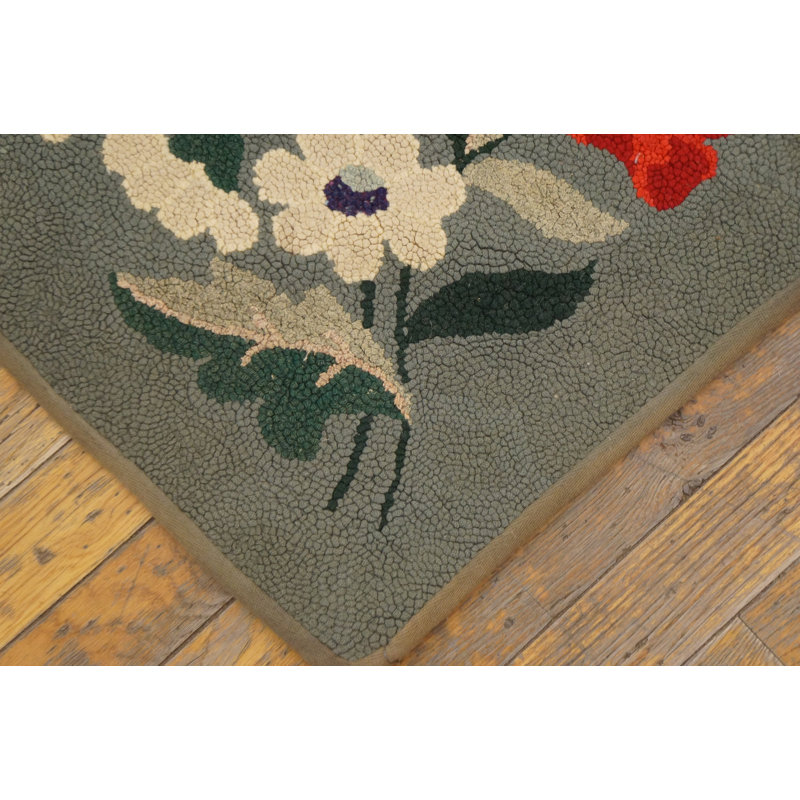 Gray and Cream Color Minimalist Solid Open Field Antique Small American Hooked Rug