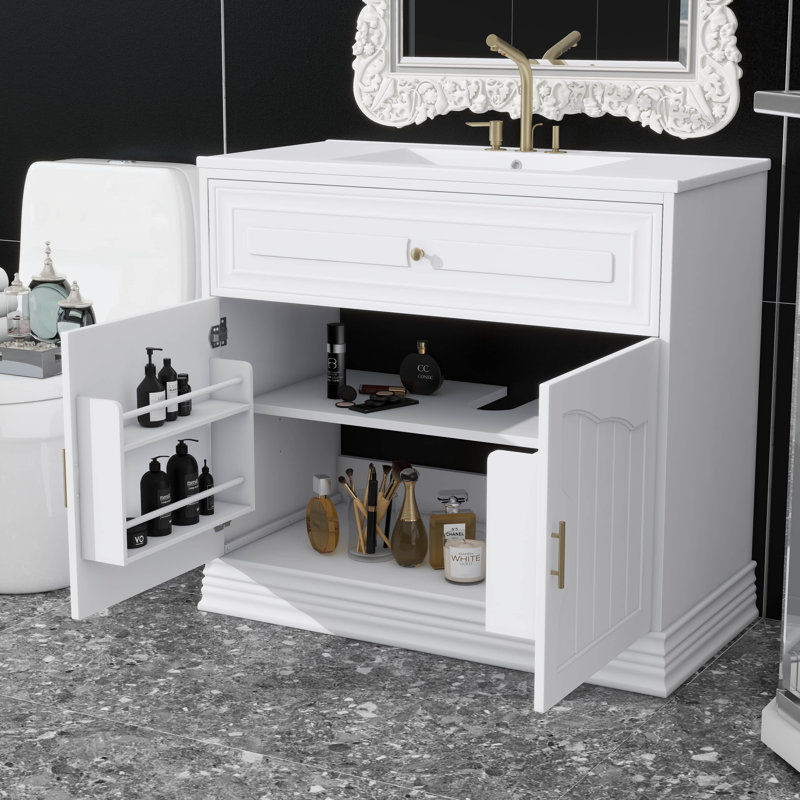 Meuble-lavabo 36 po avec armoire de rangement en céramique, Blanc / Doré