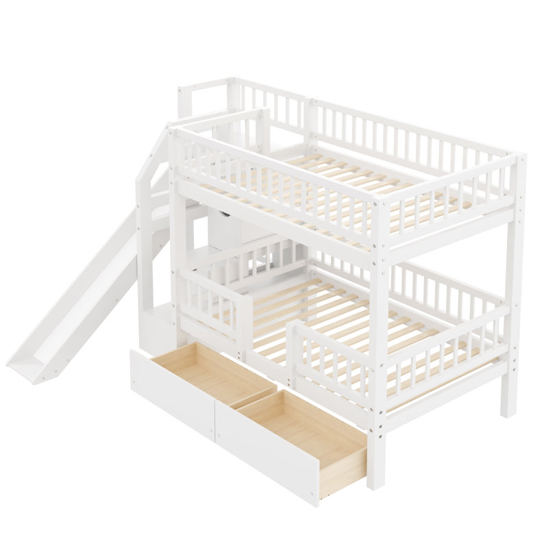 Twin over Twin Bunk Bed with Storage Staircase, Slide and 2 Drawers, White, White