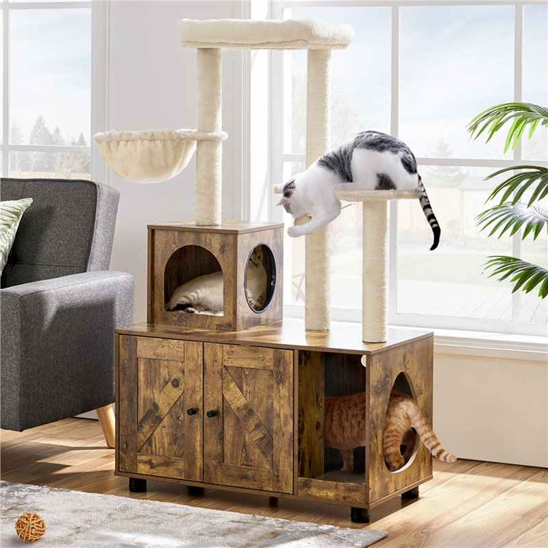 Rustic Brown Cat Tree Tower with Litter Box Enclosure